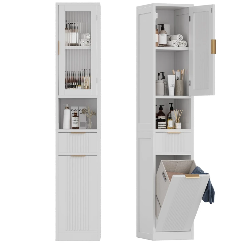 Feonase 67" Tall Bathroom Cabinet, Narrow Bathroom Storage Unit with Removable Laundry Basket & Reeded Glass Door &1 Drawer, Tall Bathroom Cabinets Free Standing for Small Spaces, White