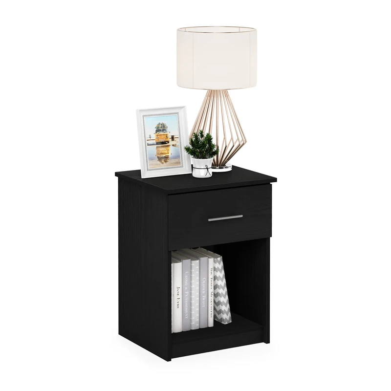 Furinno TIDUR Night Stand, Nightstand with Drawer, Bedside Table, End Table, Side Table with Storage Shelf, Bar Handle Drawer, for Bedroom, Living Room, Americano