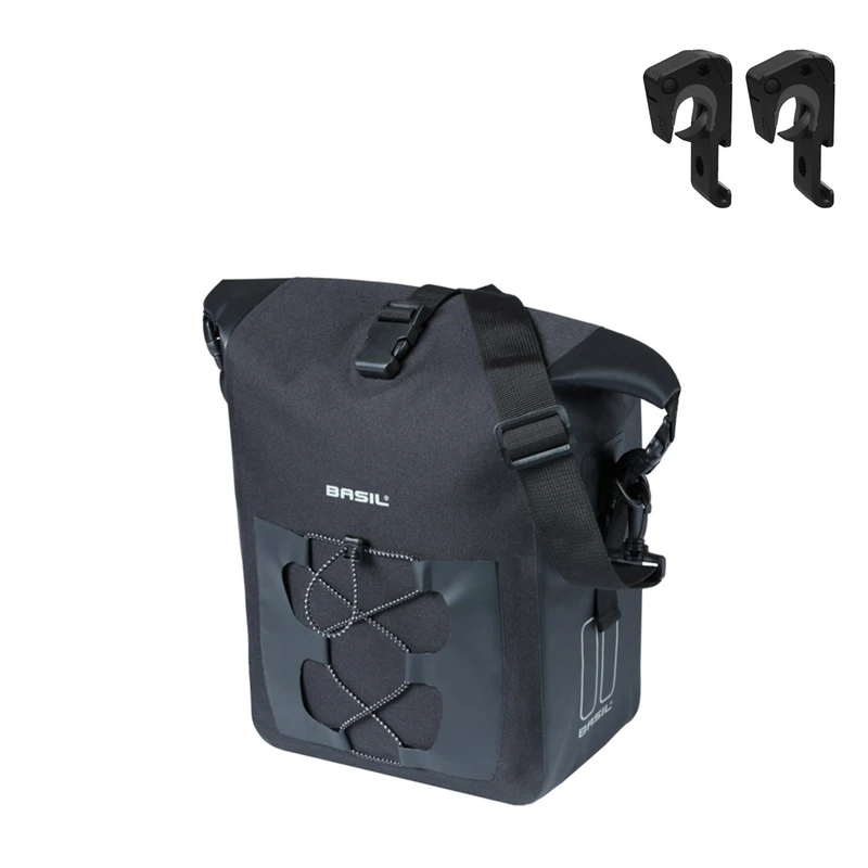 Basil Bicycle Single Bag M MIK Hooks - 12-15L - Tarpaulin/Polyester - Waterproof IPX3 - Rolltop Closure - Compression Front Pocket - Reflective - Removable Shoulder Strap - Black