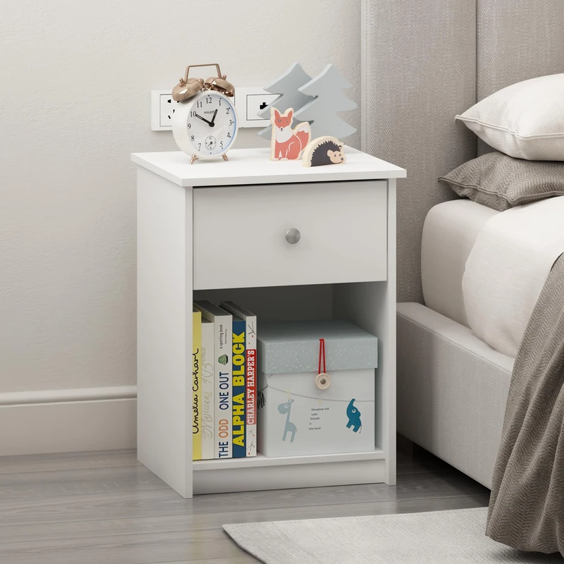 Furinno TIDUR Night Stand, Nightstand with Drawer, Bedside Table, End Table, Side Table with Storage Shelf, Knob Handle Drawer, for Bedroom, Living Room, Plain White - Image 1
