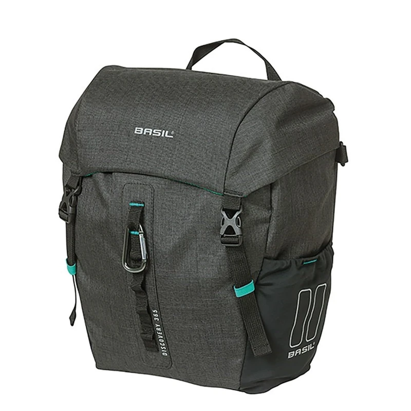 Basil Bicycle Single Bag M MIK Hooks - 9L - Polyester - Outer Pockets - Removable Shoulder Strap - Rain Cover - Snap Hook - Reflective - Black Mottled