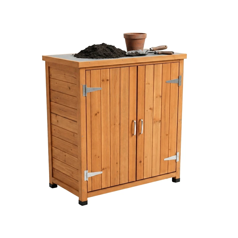 Relaxdays Potting Table with Storage Cabinet, Pine Wood, Galvanised Worktop, 90x75x40 cm, Orange - Image 1