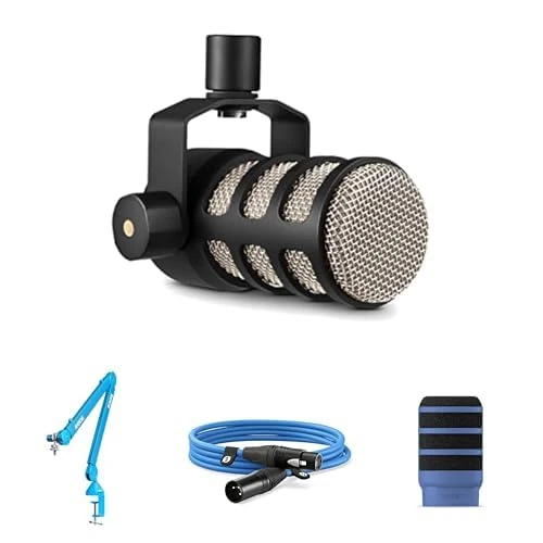RØDE PodMic Dynamic Microphone, PSA1+ Professional Studio Arm, WS14 Pop Filter, and 3-metre XLR Cable Bundle (Blue)