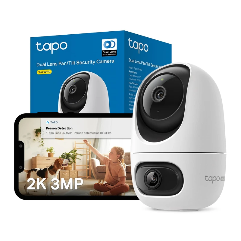 Tapo NEW C245D 2K Dual Lens Camera,Security Camera with Smart Tracking,Wide-angle Lens, Smart AI Camera,CCTV,40 ft IR Night Vision,2 Way Audio,No Hub,Alexa,Google Home,Flexible Storage,No Monthly fee