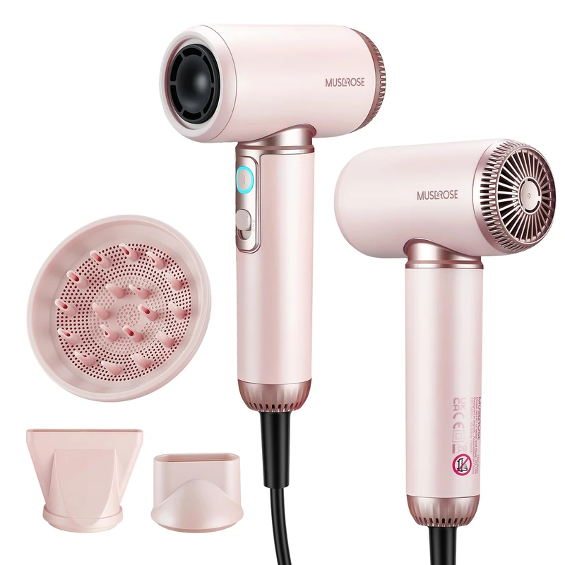 Muse & Rose Professional Hair Dryer, High-Speed Blow Dryer, Ionic Care, Fast Dry Blow Dryer, Heat, Airflow Settings, Cool Shot Function, Diffuser & Concentrator, Lightweight Hair Dryer, MU-8712 (Pink)