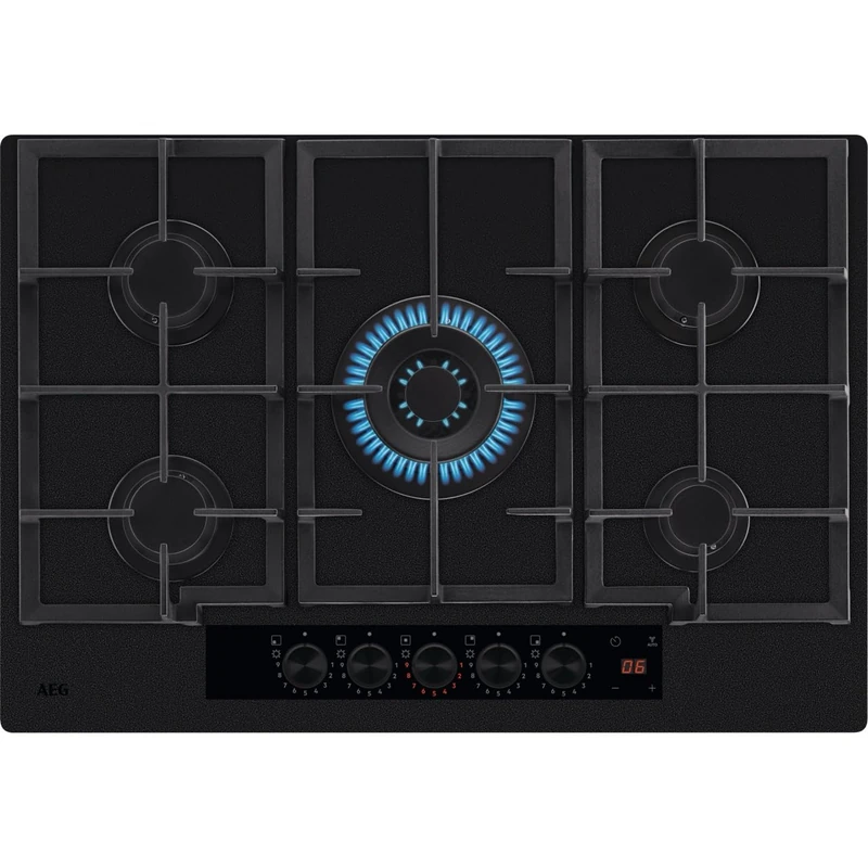 AEG 8000 Series Gas on Glass Hob, HKB75341NL, FlameLight LED Display, Hob2Hood, StepPower 1–9 Levels, 5 Burners incl. 3900W, Cast Iron Pan Supports, 740x510 mm, Matt Black