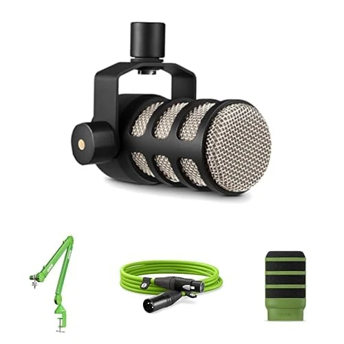 RØDE PodMic Dynamic Microphone, PSA1+ Professional Studio Arm, WS14 Pop Filter, and 3-metre XLR Cable Bundle (Green)