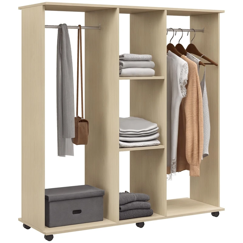 HOMCOM Double Open Wardrobe on Wheels, Bedroom Wardrobe with Clothes Hanging Rails, 3 Storage Shelves, Mobile Garment Rack for Cloakroom, Hallway, Natural Wood Finish - Image 1