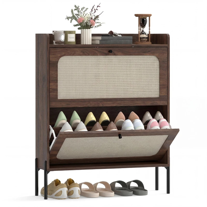 HOMCOM Narrow Shoe Cabinet, Boho Shoe Storage Cabinet with 2 Flip Drawers, Adjustable Shelves, Raised Tabletop, Rattan Accent for Hallway, Space Saving, Holds 12-16 Pairs, Dark Brown