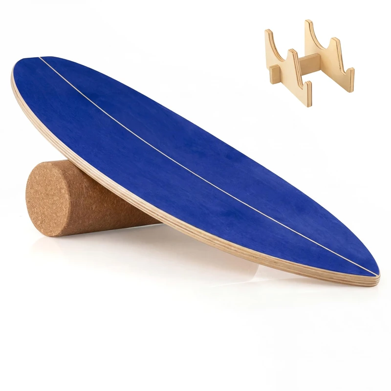 GYMAX Wooden Balance Board, Advanced Wobble Board with Roller, Balance Trainer for Surfing Skateboarding Snowboard Ice Hockey Training (Blue)