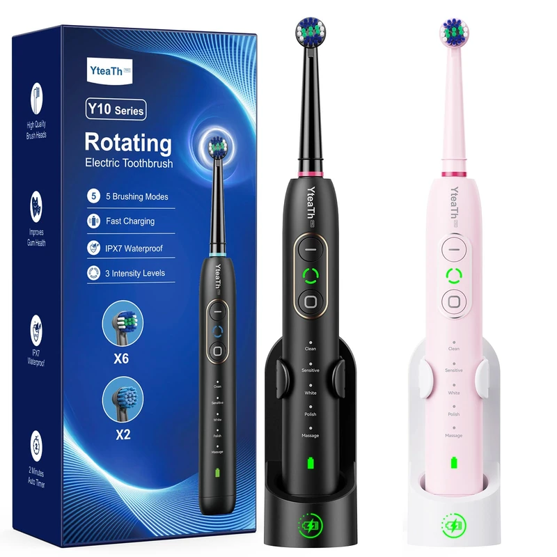 2 Pack Rotating Electric Toothbrush with10 Brush Heads for Adults and Kids, 3 Intensities 5 Modes, Wireless Wall Charging Station, Electric Toothbrush with 2-Minute Smart Timer