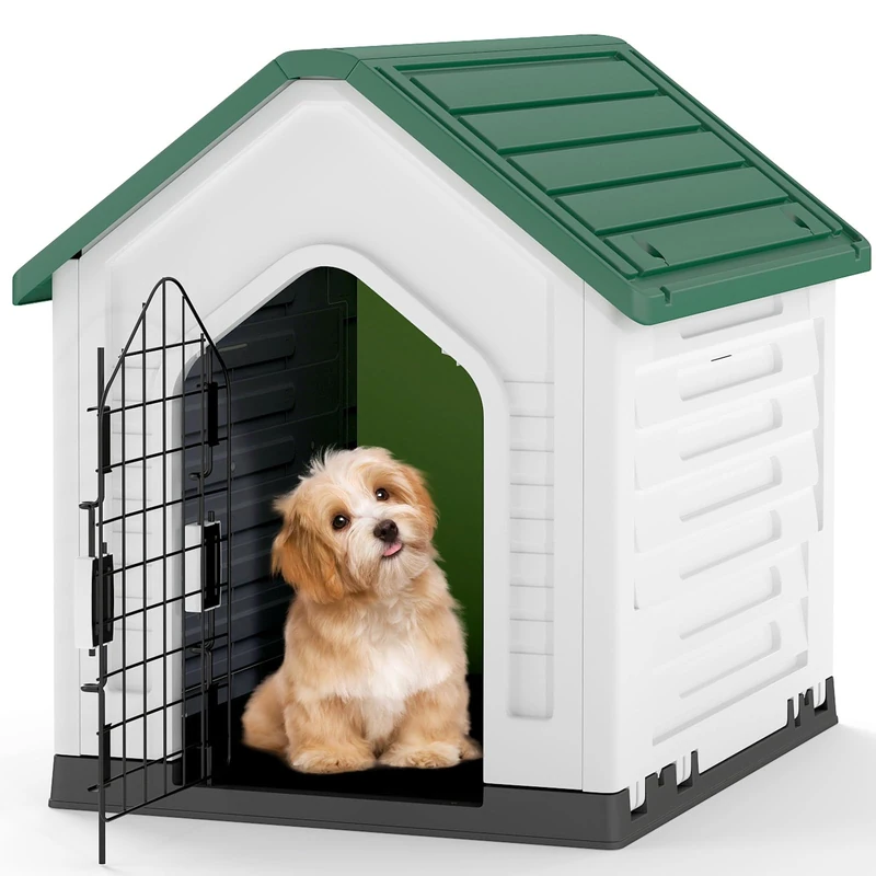 GYMAX Plastic Dog House, Indoor Outdoor Dog Kennel with Metal Lockable Door, Air Vents & Sloping Roof, Puppy Shelter for Small Medium Cats Rabbits Puppies (Green+White)