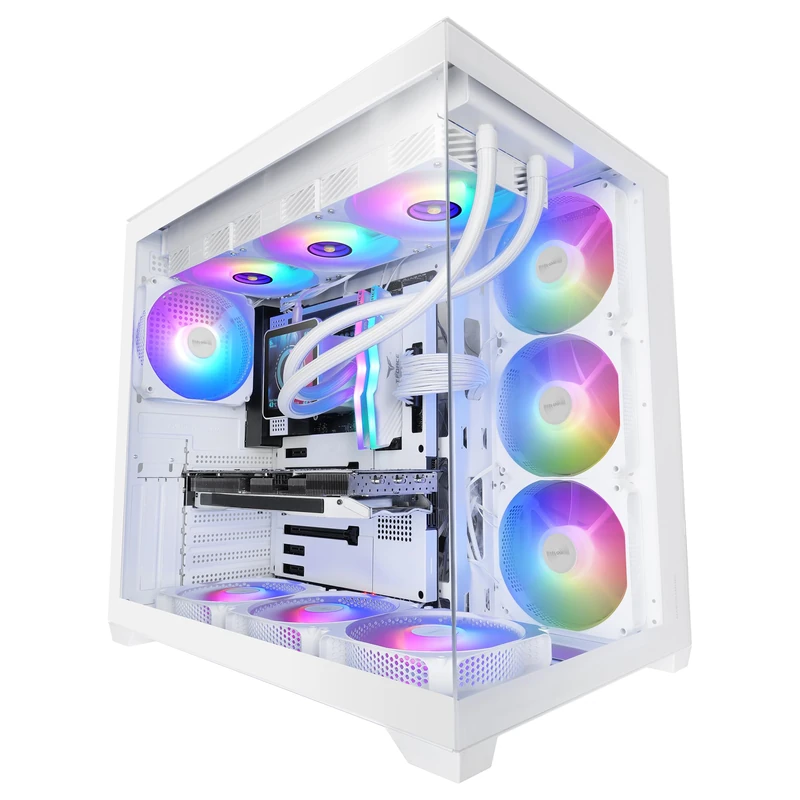 Mars Gaming MCV5, ATX PC Case, Panoramic Tempered Glass, 4x 120mm ARGB Fans, 7 Horizontal PCI Slots + 2 Vertical PCI Slots, Compatible with Reverse Connector Motherboards, USB-C, White