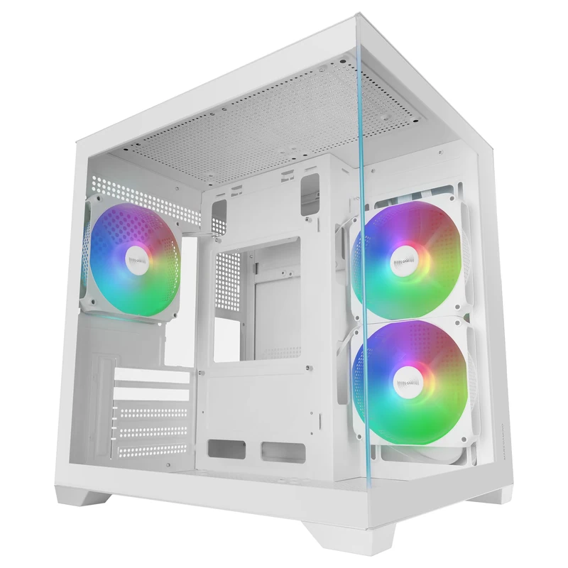 Mars Gaming MC-VIEW3, MicroATX PC Case, Panoramic Tempered Glass, 3x 120mm ARGB Fans, Dual Chamber, Liquid Cooling Support up to 240mm, Compact Mini-Tower with USB-C, White