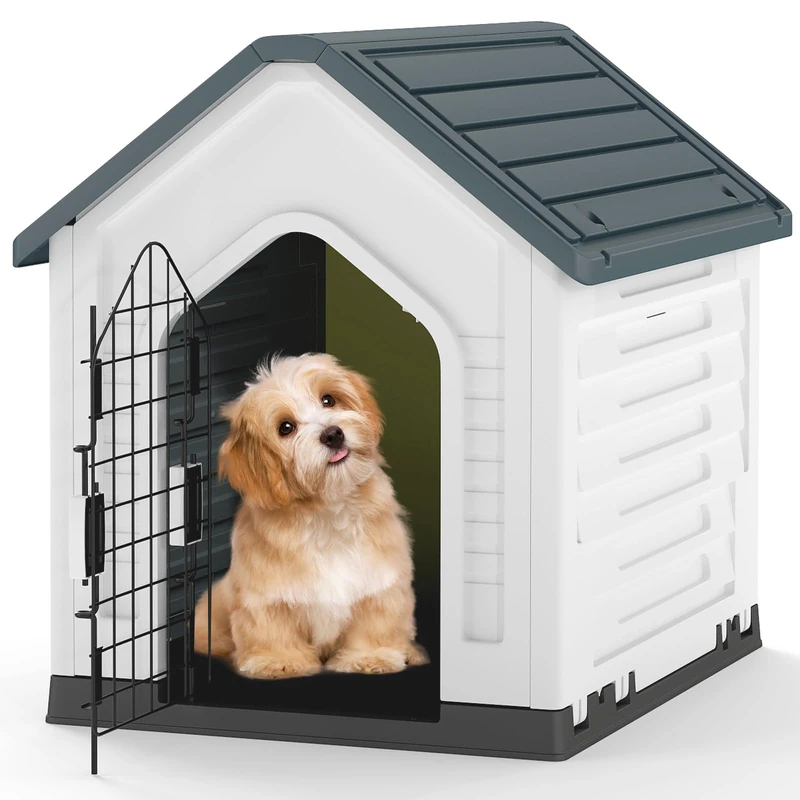 GYMAX Plastic Dog House, Indoor Outdoor Dog Kennel with Metal Lockable Door, Air Vents & Sloping Roof, Puppy Shelter for Small Medium Cats Rabbits Puppies (Grey+White)