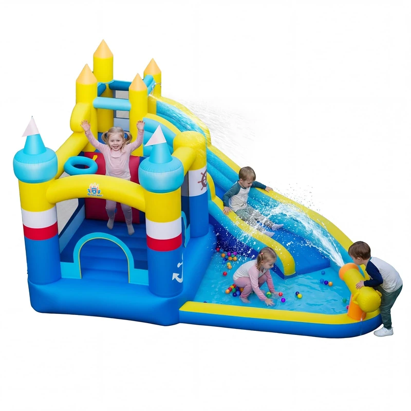 GYMAX Inflatable Water Castle, Kids Bounce House with Slide, Climbing Wall, Water Cannon, Basketball Hoop & Ocean Balls, Indoor Outdoor Children Bouncy Castle for 3-12 Years Old (without Blower)