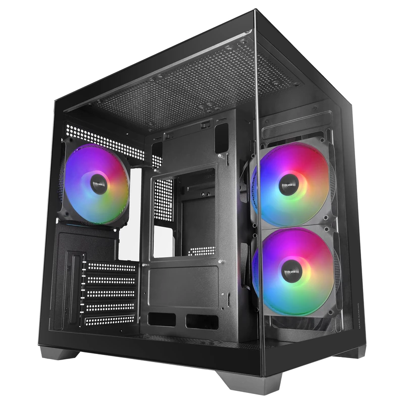 Mars Gaming MC-VIEW3, MicroATX PC Case, Panoramic Tempered Glass, 3x 120mm ARGB Fans, Dual Chamber, Liquid Cooling Support up to 240mm, Compact Mini-Tower with USB-C, Black