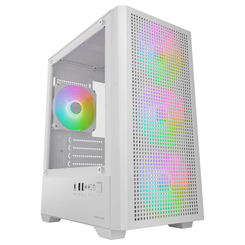 Mars Gaming MC-VECTOR, Micro-ATX and Mini-ITX Gaming PC Case, 4x 120mm ARGB FDB Fans, Tempered Glass, Mesh Front, Dual Chamber, 120mm Liquid Cooling Support, USB-C, White - Image 1