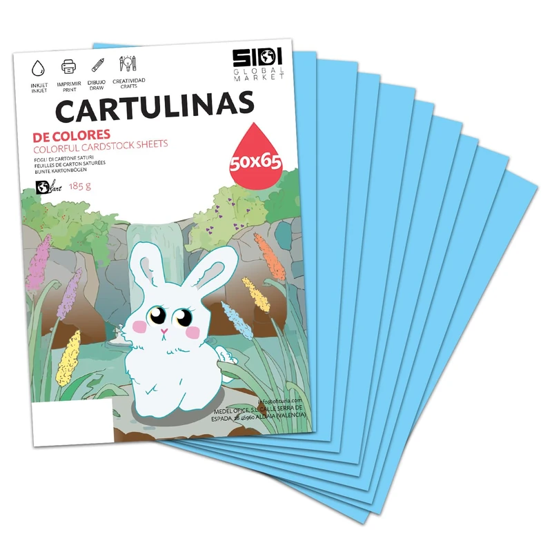 Card 50x65 Light Blue 185g Large Card for Crafts, Scrapbooking, Billboards, School and School Use - SIDI (Light Blue, 250h)