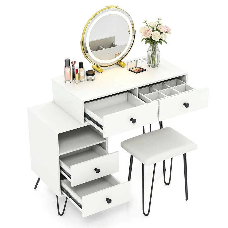 RELAX4LIFE Dressing Table and Stool Set, Makeup Vanity Desk with Charging Station, Drawers and 360°Rotation LED Mirror, Bedroom Cosmetics Dresser Storage Organizer (White)