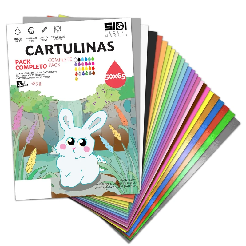 Cardboard 50x65 Complete Pack 185/230 g Coloured and Metallic Card for Crafts, Scrapbooking, Billboards - SIDI (Complete Pack, 125h) - Image 1