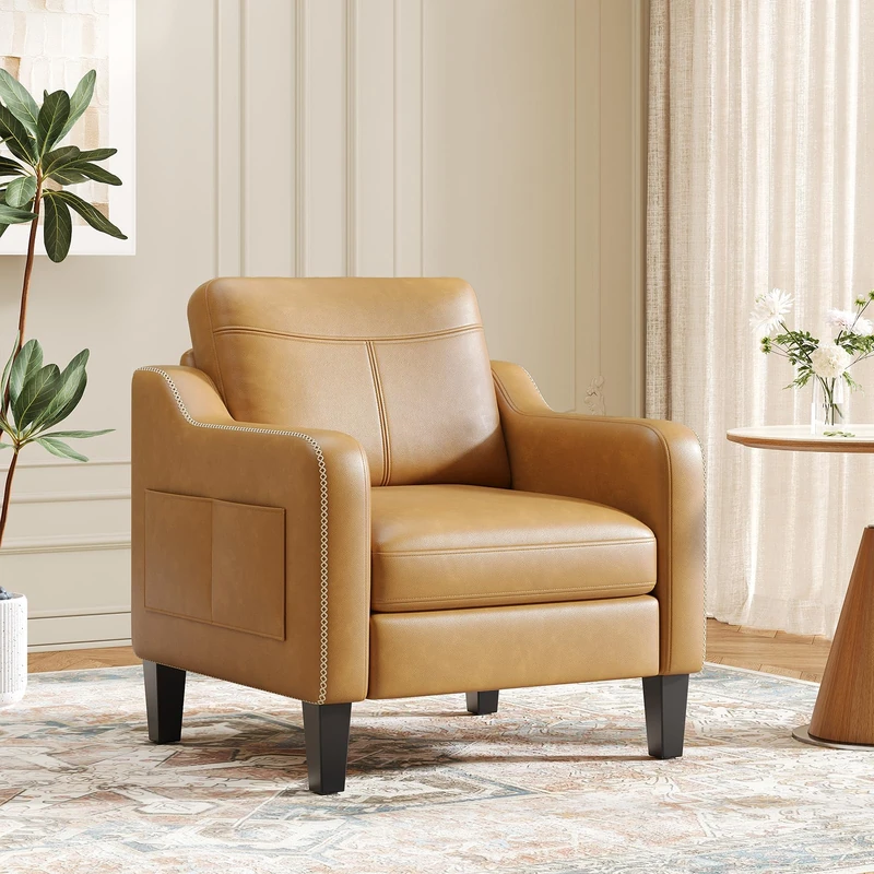 Arm Chairs for Living Room Set of 1, Accent Chair with Side Storage Pocket, PU Leather Armchairs with Thick Cushion, Anti-slip Solid Plastic Legs Single Sofa Chair for Bedroom, Light Brown
