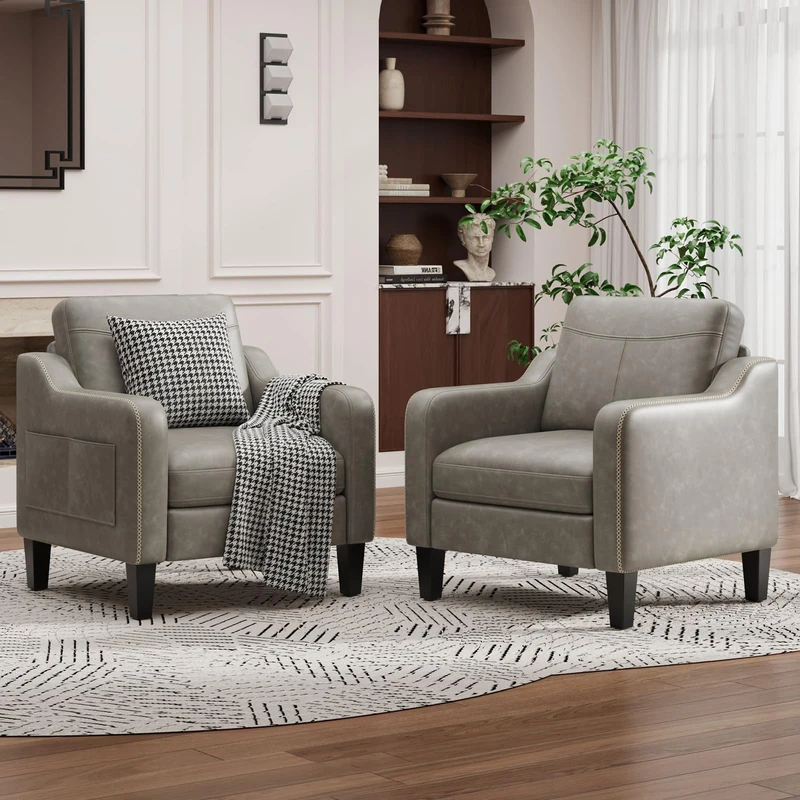 Arm Chairs for Living Room Set of 2, Accent Chair with Side Storage Pocket, PU Leather Armchairs with Thick Cushion, Anti-slip Solid Plastic Legs Single Sofa Chair for Bedroom, Grey