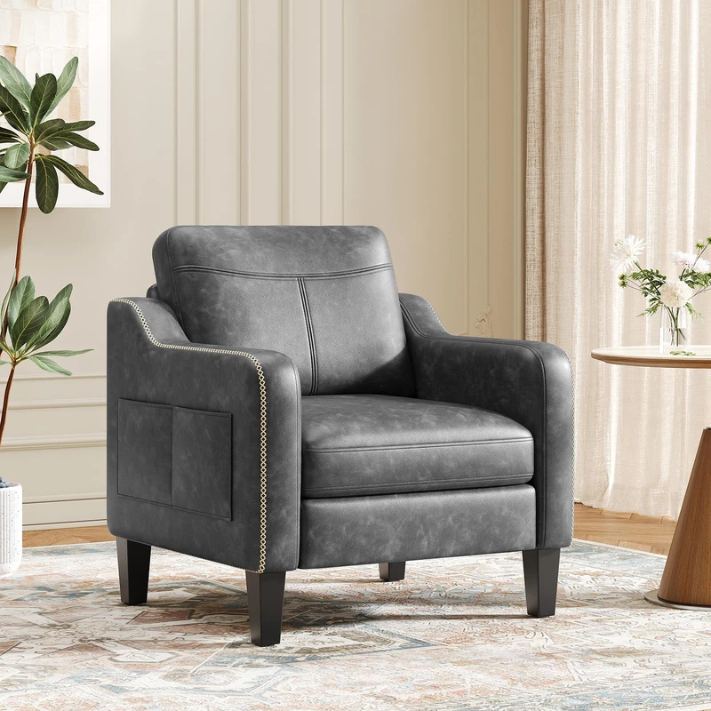 Arm Chairs for Living Room Set of 1, Accent Chair with Side Storage Pocket, PU Leather Armchairs with Thick Cushion, Anti-slip Solid Plastic Legs Single Sofa Chair for Bedroom,Black
