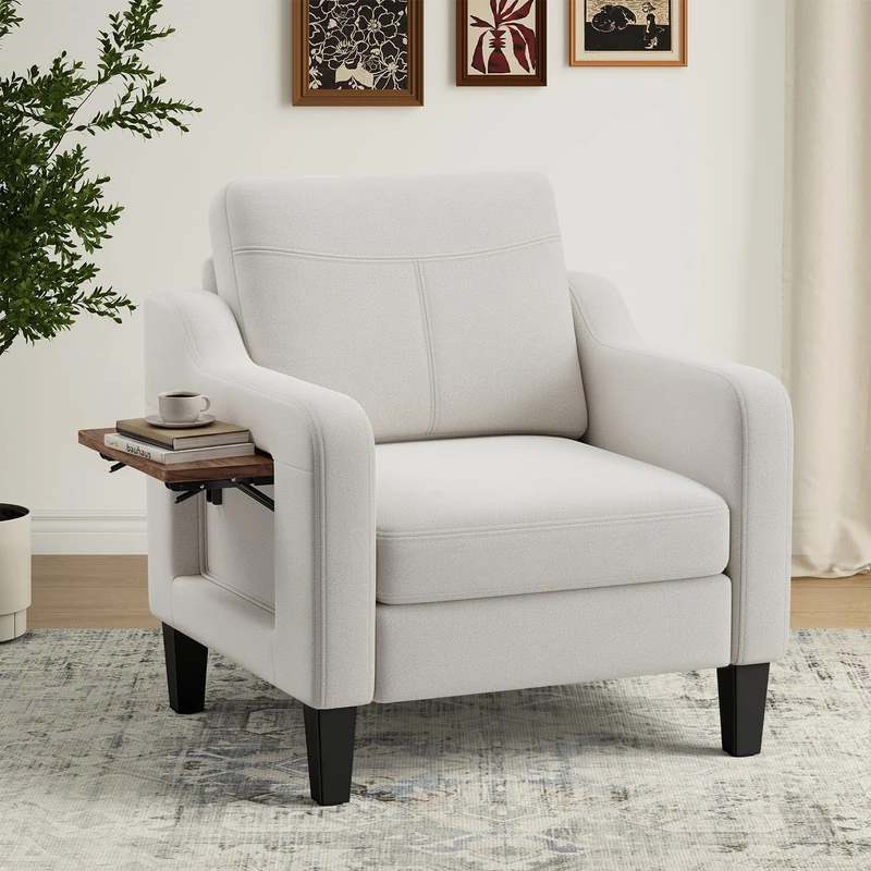 Arm Chairs for Living Room Set of 1, Accent Chair with Side Storage Pocket and Foldable Table, Fabric Armchairs with Thick Cushion, Anti-slip Solid Plastic Legs Single Sofa Chair for Bedroom, Beige