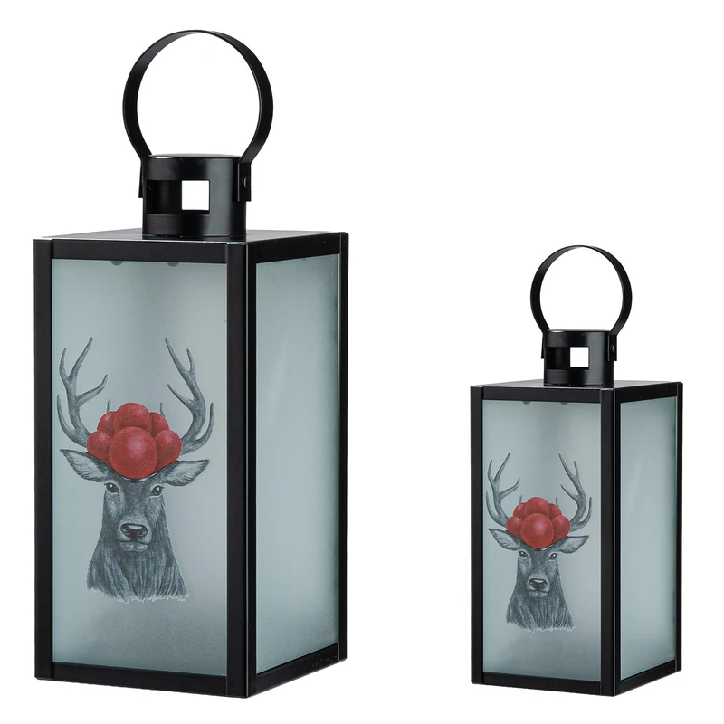 GILDE Set of 2 Lanterns Deer with Bollenhat – Iron – Black Matt – Rectangular – 2 Sizes – Bollenhut Motif - Image 1