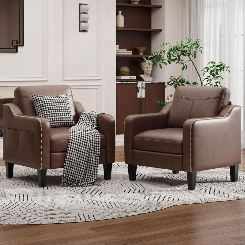 Arm Chairs for Living Room Set of 2, Accent Chair with Side Storage Pocket, PU Leather Armchairs with Thick Cushion, Anti-slip Solid Plastic Legs Single Sofa Chair for Bedroom, Chocolate Brown