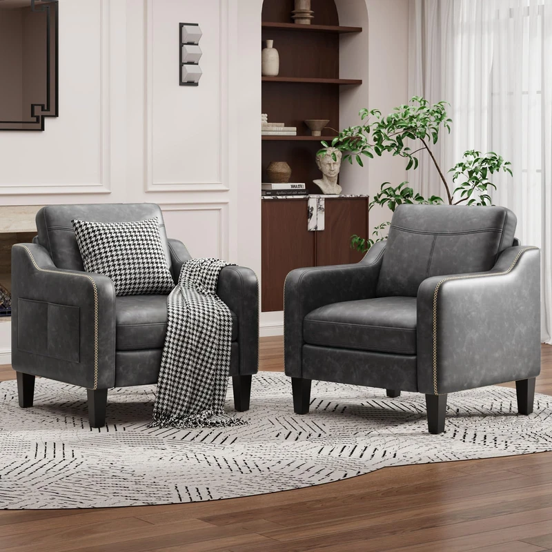 Arm Chairs for Living Room Set of 2, Accent Chair with Side Storage Pocket, PU Leather Armchairs with Thick Cushion, Anti-slip Solid Plastic Legs Single Sofa Chair for Bedroom, Black