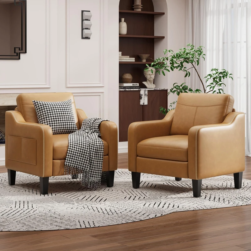 Arm Chairs for Living Room Set of 2, Accent Chair with Side Storage Pocket, PU Leather Armchairs with Thick Cushion, Anti-slip Solid Plastic Legs Single Sofa Chair for Bedroom, Light Brown