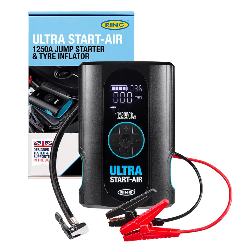 RING ULTRA START-AIR 4-in-1 Car Battery Jump Starter and Tyre Inflator - Starts Up to 6 Litre Petrol and 2.8 Litre Diesel Engines - Battery Booster & Cordless Tyre Inflator, Power Bank and LED light