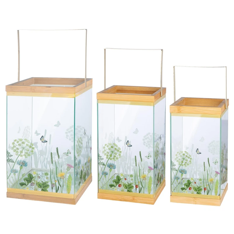 GILDE Set of 3 Wild Flowers Lanterns - Bamboo and Glass - Flower Motif - Green - 3 Sizes - with Carry Handle