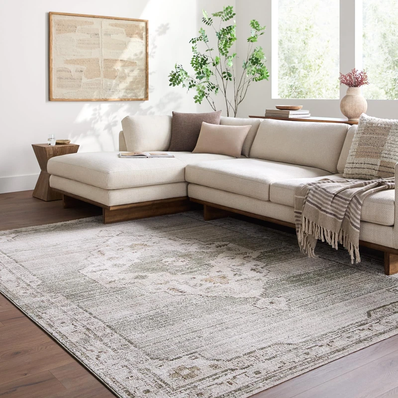 Livabliss Fifth Avenue Traditional Vintage Rug | Light Gray, Off-White, Olive | 200x275cm | Living Room & Dining Room | Machine Woven Medium Pile Polyester