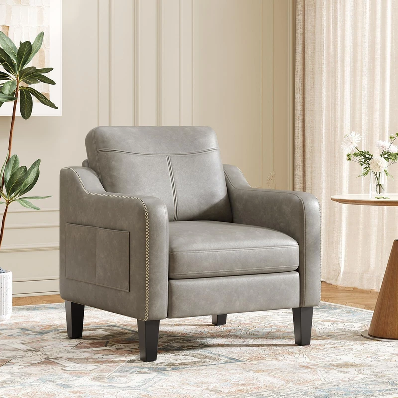 Arm Chairs for Living Room Set of 1, Accent Chair with Side Storage Pocket, PU Leather Armchairs with Thick Cushion, Anti-slip Solid Plastic Legs Single Sofa Chair for Bedroom, Grey