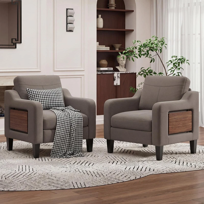 Arm Chairs for Living Room Set of 1, Accent Chair with Side Storage Pocket and Foldable Table, Fabric Armchairs with Thick Cushion, Anti-slip Solid Plastic Legs Single Sofa Chair for Bedroom, Brown