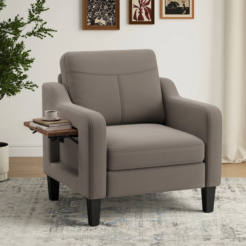 Arm Chairs for Living Room Set of 1, Accent Chair with Side Storage Pocket and Foldable Table, Fabric Armchairs with Thick Cushion, Anti-slip Solid Plastic Legs Single Sofa Chair for Bedroom, Brown