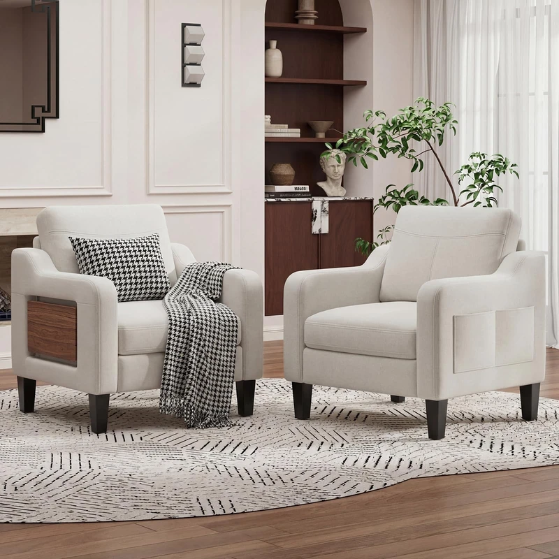 Arm Chairs for Living Room Set of 1, Accent Chair with Side Storage Pocket and Foldable Table, Fabric Armchairs with Thick Cushion, Anti-slip Solid Plastic Legs Single Sofa Chair for Bedroom, Beige