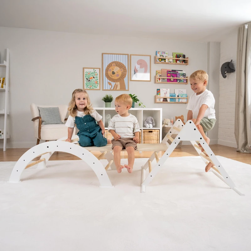 Active Tots 3in1 Wooden Pikler Set Toddler Climbing Frame with Triangle Arch and Slide Indoor Montessori Play Gym for Balance Coordination and Active Play 18 Months+