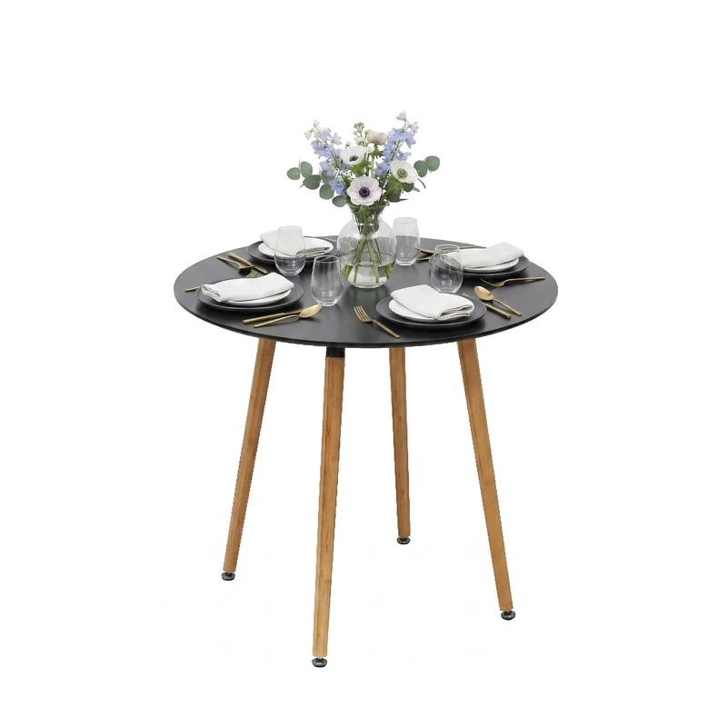 Relaxdays Round Dining Table, MDF & Bamboo, H 75 x D 80 cm, Seats 4, Scandinavian Style, Black/Natural
