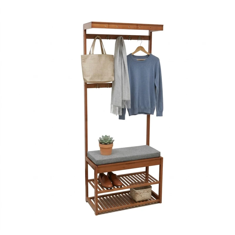 Relaxdays Coat Rack with Bench, 2 Shoe Shelves, 10 Hooks, Walnut, 175x70x33 cm
