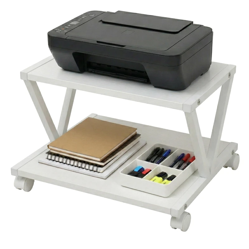 Relaxdays Printer Trolley with Castors, 2 Tiers, MDF & Metal, White, 28x44x28 cm