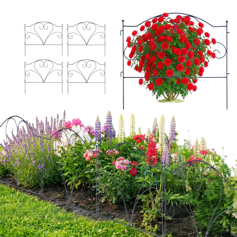 Relaxdays garden edging, set of 5, metal, 45 x 50 cm (H x W), push-in border for beds & lawns, decorative fence, black