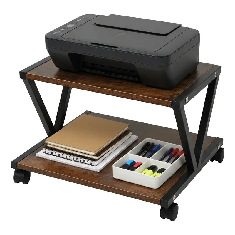 Relaxdays printer stand with castors, 2 tiers, HxWxD: 28 x 44 x 28 cm, MDF & metal, brown/black