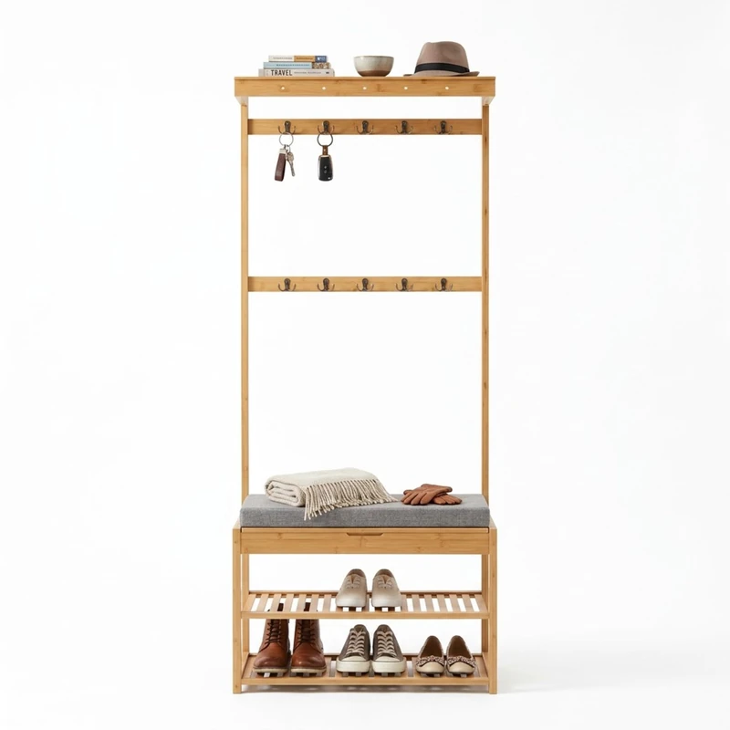 Relaxdays Bamboo Coat Rack with Bench, 10 Hooks, 2 Shoe Shelves, 175x70x33 cm, Natural