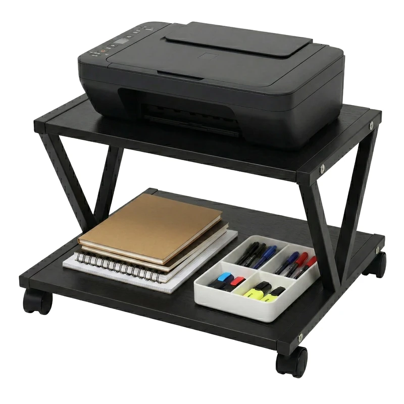 Relaxdays Printer Stand with Castors, 2 Tiers, MDF & Metal, Rolling Trolley, 28 x 44 x 28 cm, Black