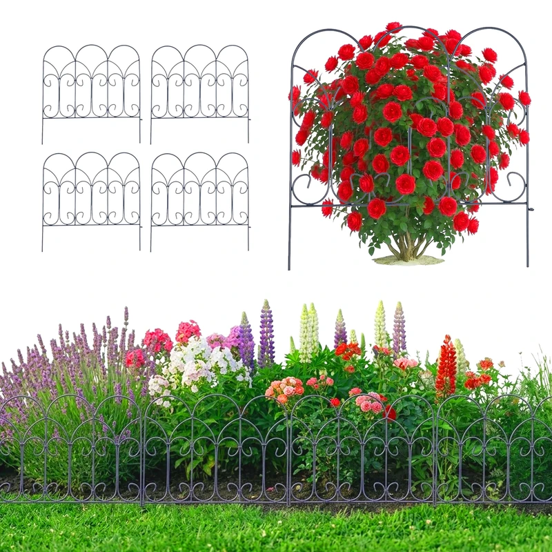 Relaxdays Flower Bed Edging, Set of 5, Metal, H x W: 46 x 46 cm, Flower Bed Border for Plugging, Decorative Fence, Flower Bed and Lawn, Black