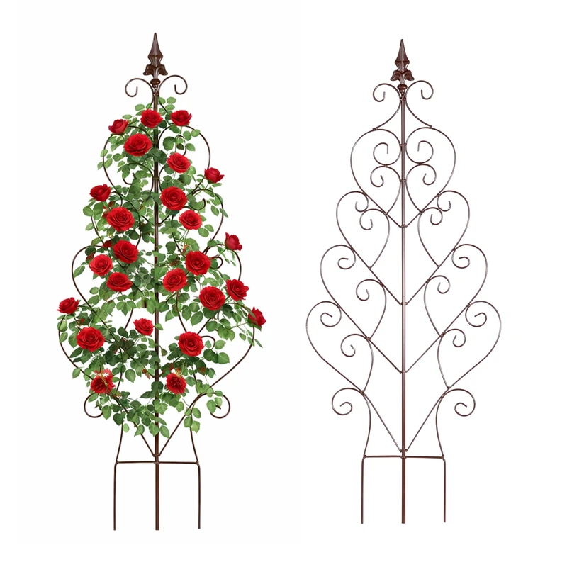 Relaxdays Trellis 2pc Hearts & Fleur-de-Lis Metal Climber Support Garden Pots 100x40cm Brown